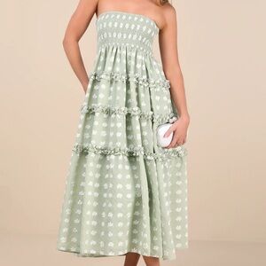 Lulu's Sage Green Strapless Midi Dress with White Floral Print